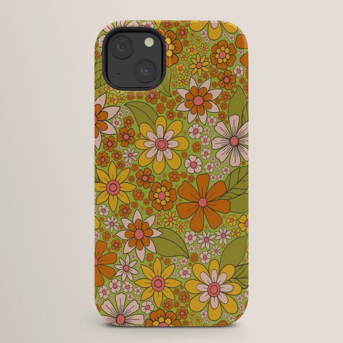 1960s, 1970s Retro Floral in Green, Pink & Orange - Flower Power iPhone Case