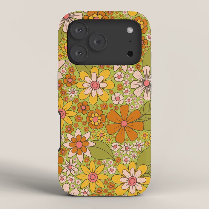 1960s, 1970s Retro Floral in Green, Pink & Orange - Flower Power iPhone Case