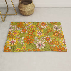 1960s, 1970s Retro Floral in Green, Pink & Orange - Flower Power Rug