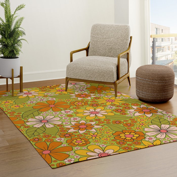 1960s, 1970s Retro Floral in Green, Pink & Orange - Flower Power Rug
