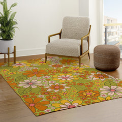 1960s, 1970s Retro Floral in Green, Pink & Orange - Flower Power Rug