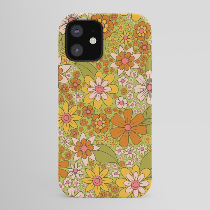 1960s, 1970s Retro Floral in Green, Pink & Orange - Flower Power iPhone Case