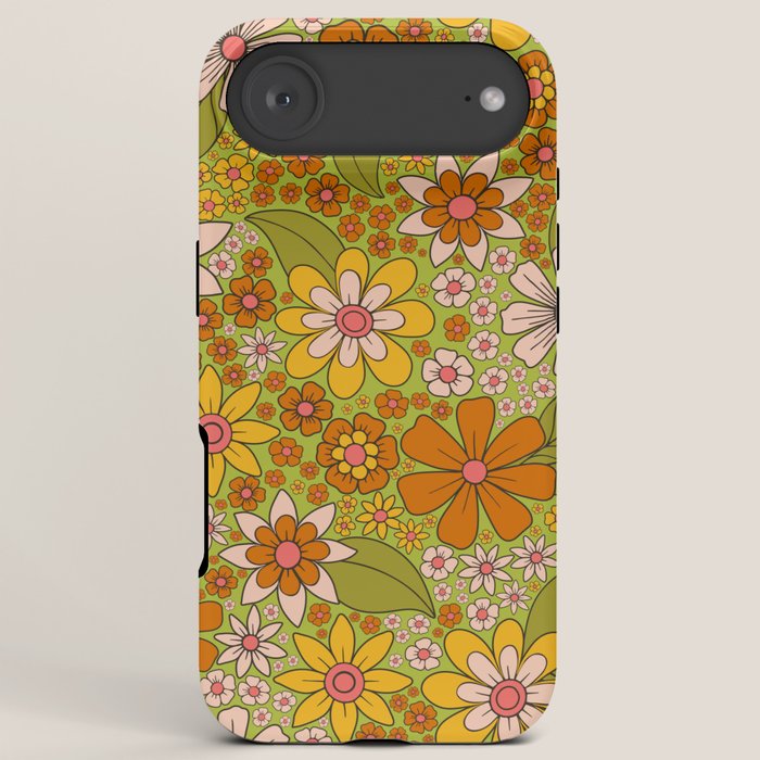 1960s, 1970s Retro Floral in Green, Pink & Orange - Flower Power iPhone Case