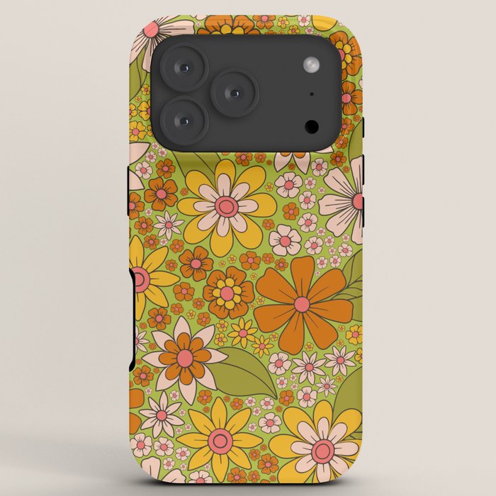 1960s, 1970s Retro Floral in Green, Pink & Orange - Flower Power iPhone Case