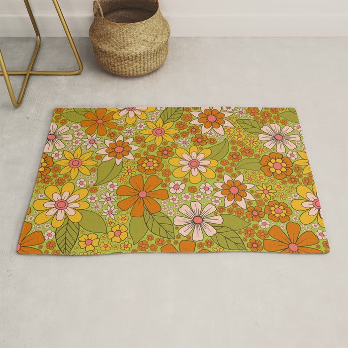 1960s, 1970s Retro Floral in Green, Pink & Orange - Flower Power Rug