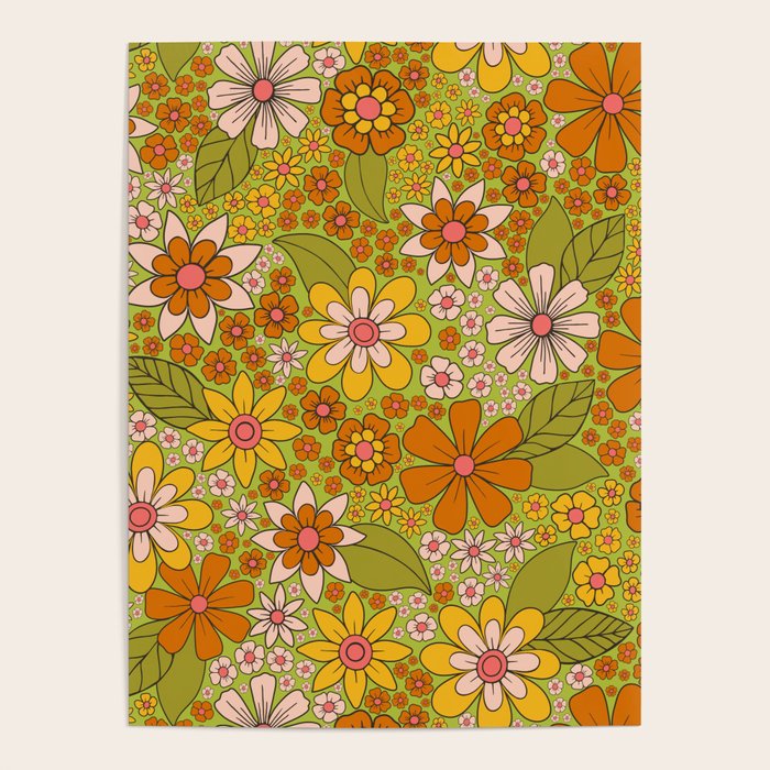 1960s, 1970s Retro Floral in Green, Pink & Orange - Flower Power Poster