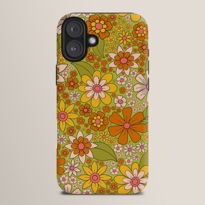 1960s, 1970s Retro Floral in Green, Pink & Orange - Flower Power iPhone Case