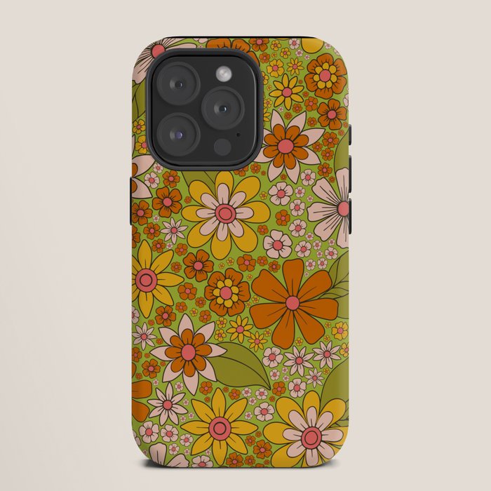 1960s, 1970s Retro Floral in Green, Pink & Orange - Flower Power iPhone Case