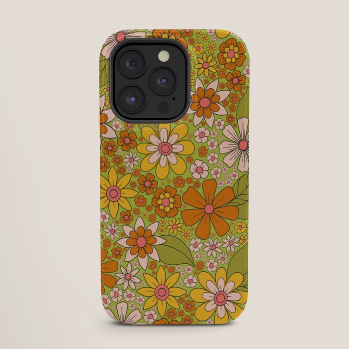 1960s, 1970s Retro Floral in Green, Pink & Orange - Flower Power iPhone Case