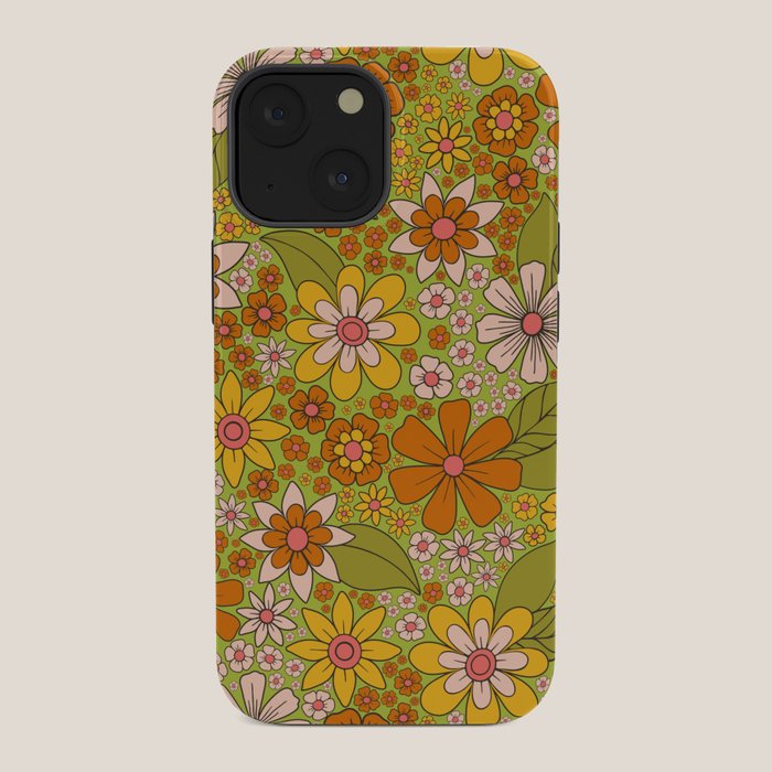 1960s, 1970s Retro Floral in Green, Pink & Orange - Flower Power iPhone Case