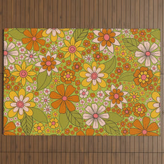 1960s, 1970s Retro Floral in Green, Pink & Orange - Flower Power Outdoor Rug