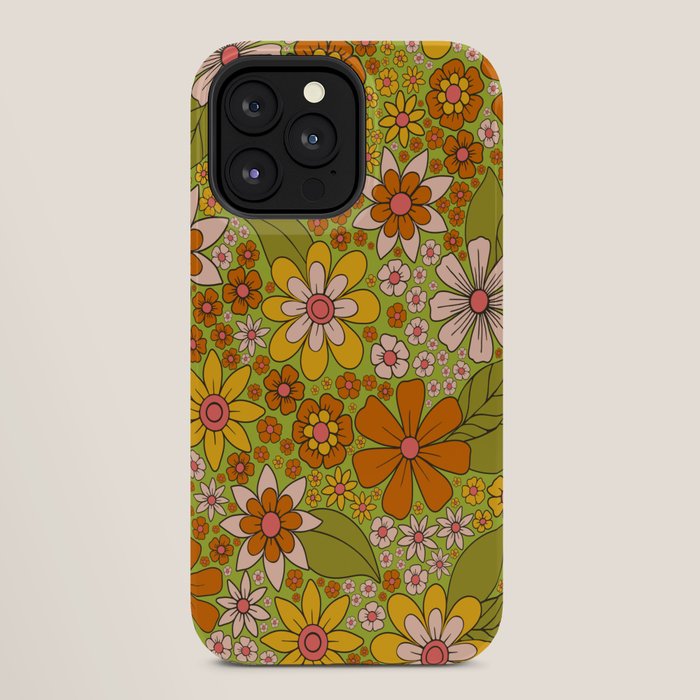 1960s, 1970s Retro Floral in Green, Pink & Orange - Flower Power iPhone Case
