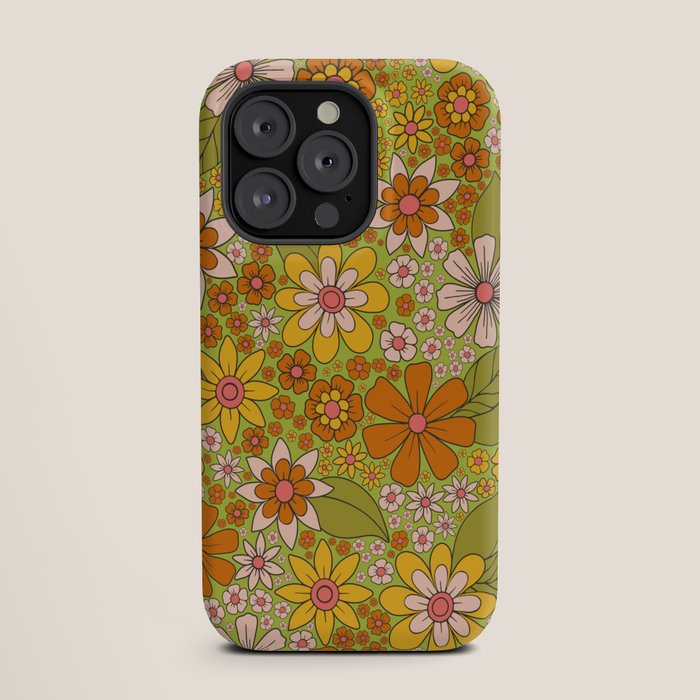 1960s, 1970s Retro Floral in Green, Pink & Orange - Flower Power iPhone Case