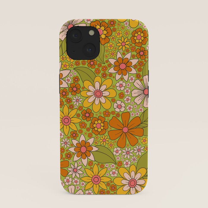 1960s, 1970s Retro Floral in Green, Pink & Orange - Flower Power iPhone Case
