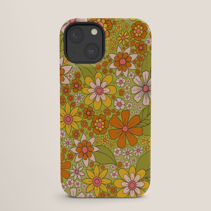 1960s, 1970s Retro Floral in Green, Pink & Orange - Flower Power iPhone Case