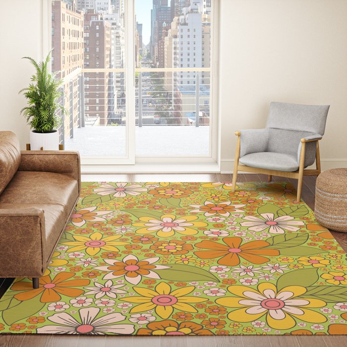 1960s, 1970s Retro Floral in Green, Pink & Orange - Flower Power Rug