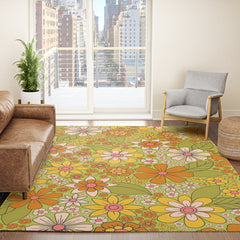 1960s, 1970s Retro Floral in Green, Pink & Orange - Flower Power Rug