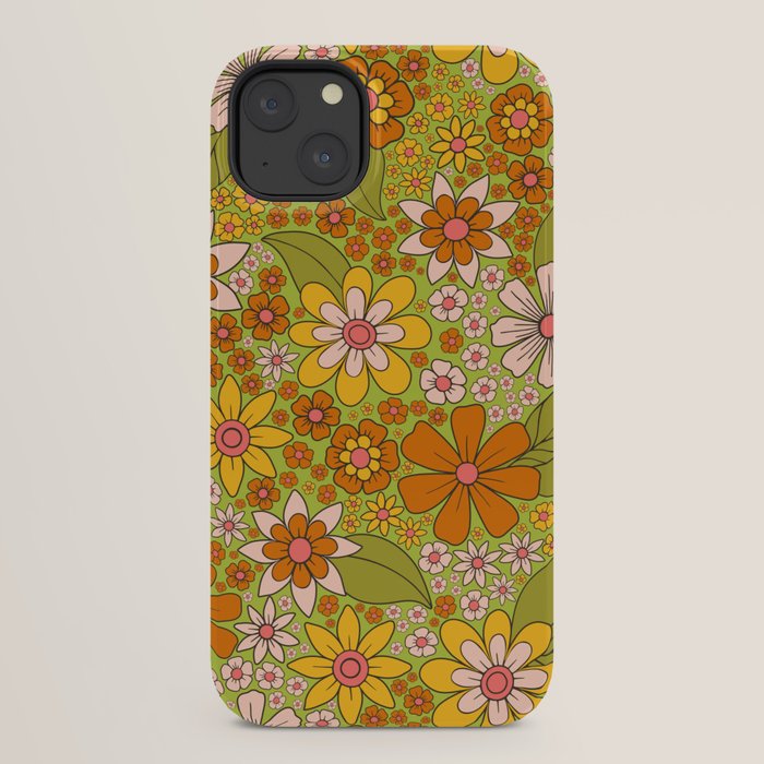1960s, 1970s Retro Floral in Green, Pink & Orange - Flower Power iPhone Case