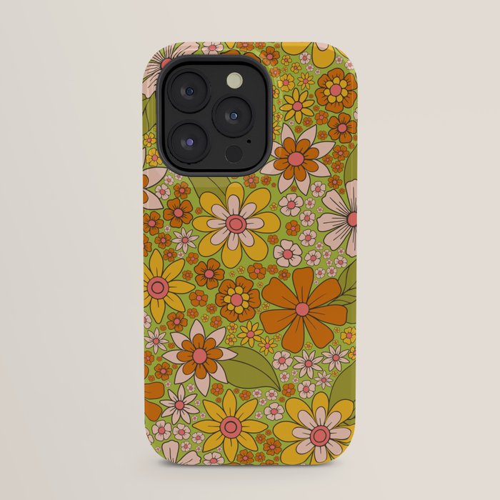 1960s, 1970s Retro Floral in Green, Pink & Orange - Flower Power iPhone Case
