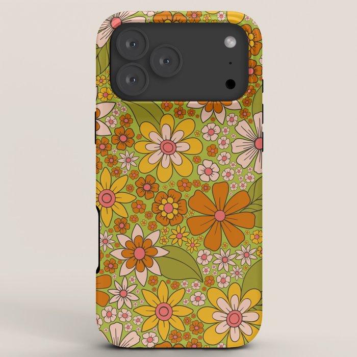 1960s, 1970s Retro Floral in Green, Pink & Orange - Flower Power iPhone Case