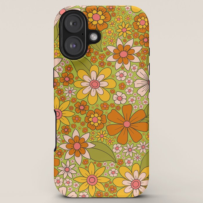 1960s, 1970s Retro Floral in Green, Pink & Orange - Flower Power iPhone Case