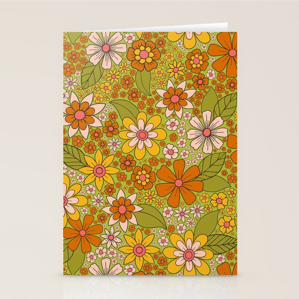 1960s, 1970s Retro Floral in Green, Pink & Orange - Flower Power Stationery Card