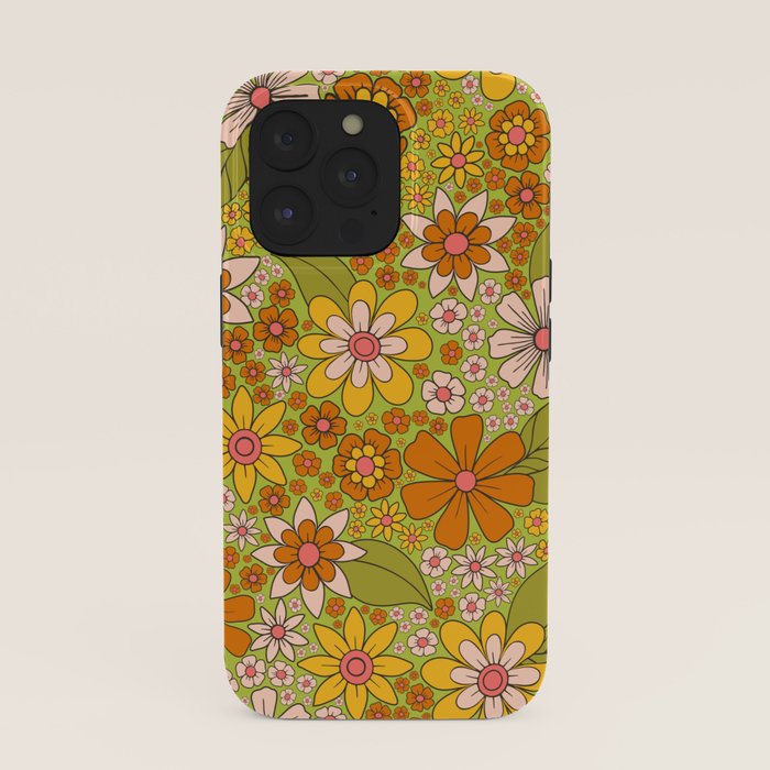 1960s, 1970s Retro Floral in Green, Pink & Orange - Flower Power iPhone Case