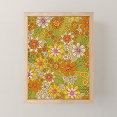 1960s, 1970s Retro Floral in Green, Pink & Orange - Flower Power Mini Art Print