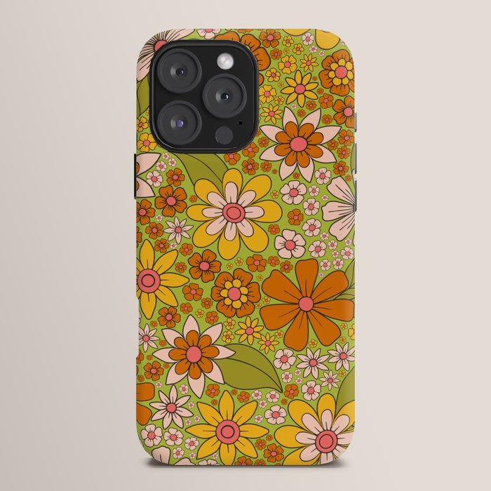 1960s, 1970s Retro Floral in Green, Pink & Orange - Flower Power iPhone Case