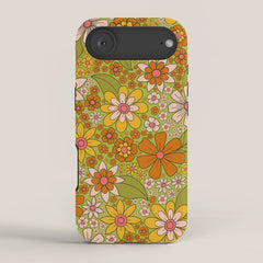 1960s, 1970s Retro Floral in Green, Pink & Orange - Flower Power iPhone Case