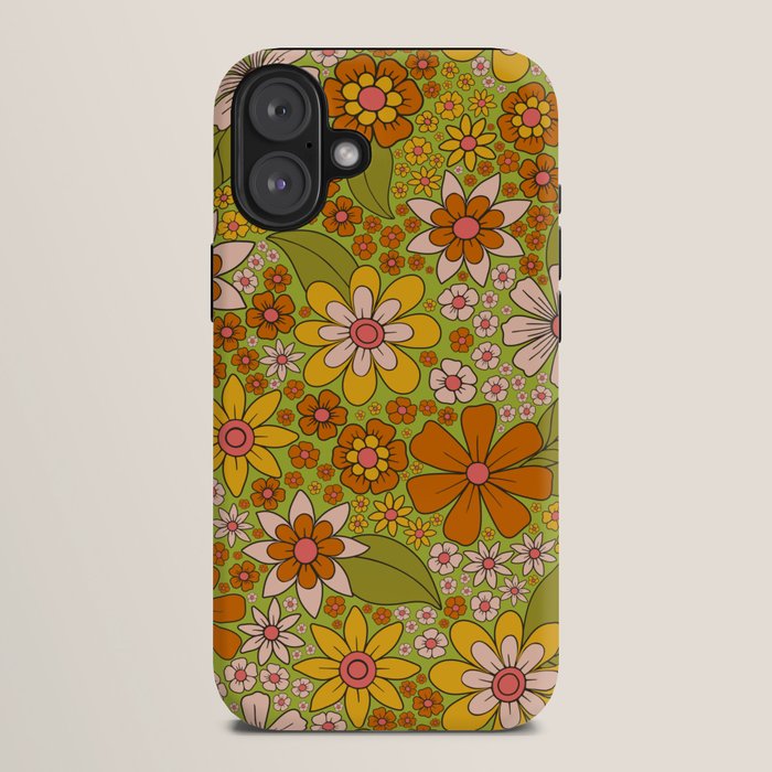 1960s, 1970s Retro Floral in Green, Pink & Orange - Flower Power iPhone Case