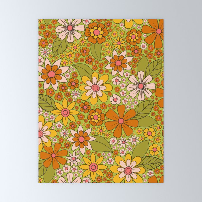 1960s, 1970s Retro Floral in Green, Pink & Orange - Flower Power Mini Art Print