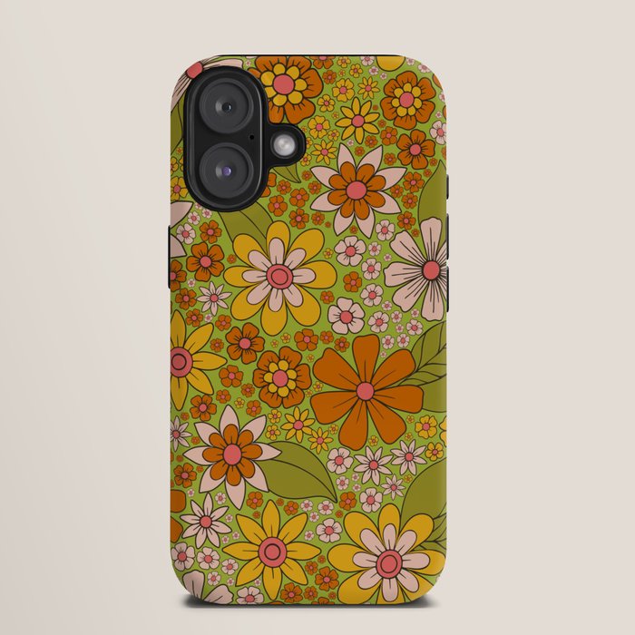 1960s, 1970s Retro Floral in Green, Pink & Orange - Flower Power iPhone Case