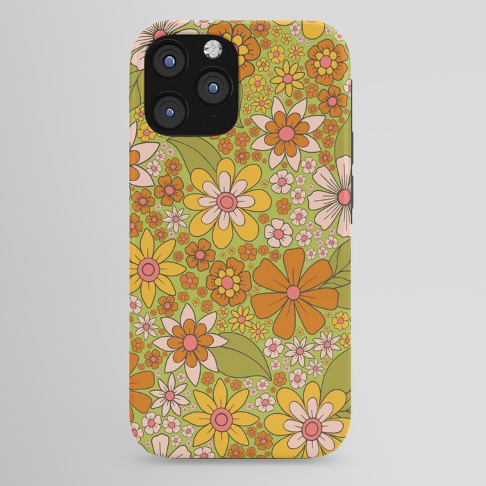 1960s, 1970s Retro Floral in Green, Pink & Orange - Flower Power iPhone Case