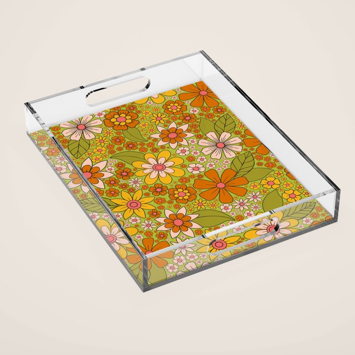 1960s, 1970s Retro Floral in Green, Pink & Orange - Flower Power Acrylic Tray
