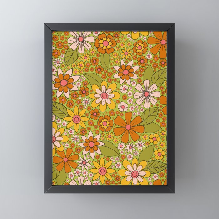 1960s, 1970s Retro Floral in Green, Pink & Orange - Flower Power Mini Art Print