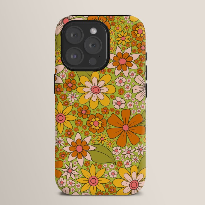 1960s, 1970s Retro Floral in Green, Pink & Orange - Flower Power iPhone Case