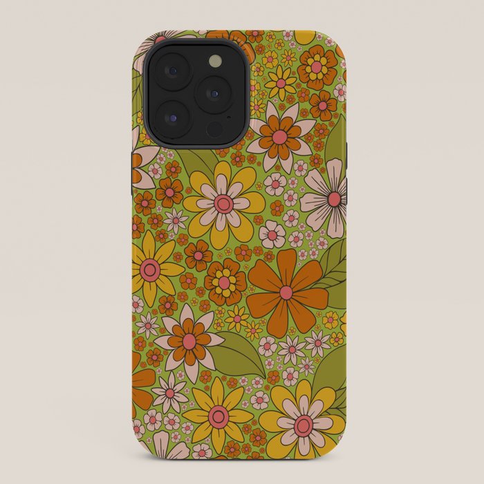 1960s, 1970s Retro Floral in Green, Pink & Orange - Flower Power iPhone Case