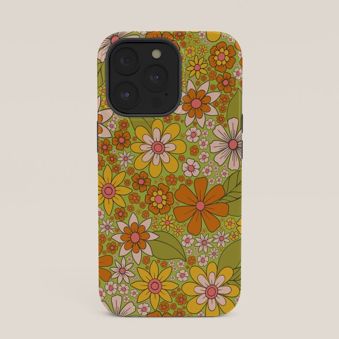 1960s, 1970s Retro Floral in Green, Pink & Orange - Flower Power iPhone Case