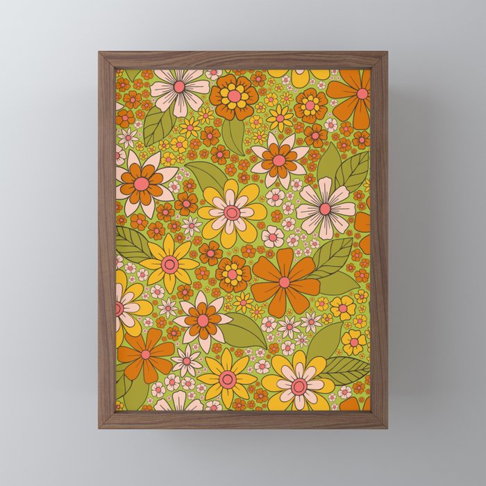 1960s, 1970s Retro Floral in Green, Pink & Orange - Flower Power Mini Art Print