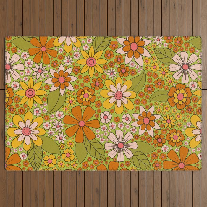1960s, 1970s Retro Floral in Green, Pink & Orange - Flower Power Outdoor Rug