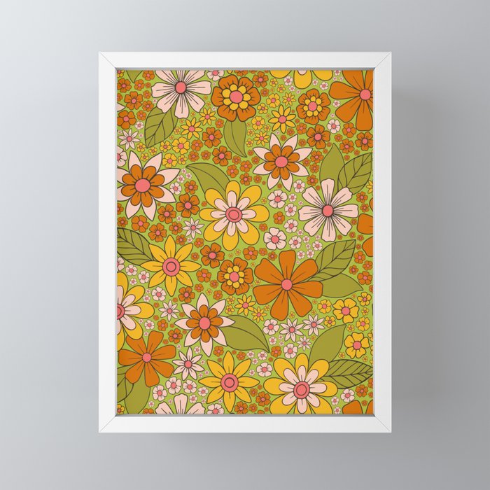 1960s, 1970s Retro Floral in Green, Pink & Orange - Flower Power Mini Art Print