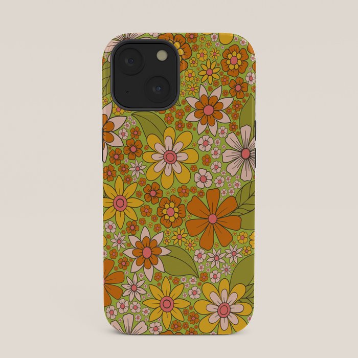 1960s, 1970s Retro Floral in Green, Pink & Orange - Flower Power iPhone Case