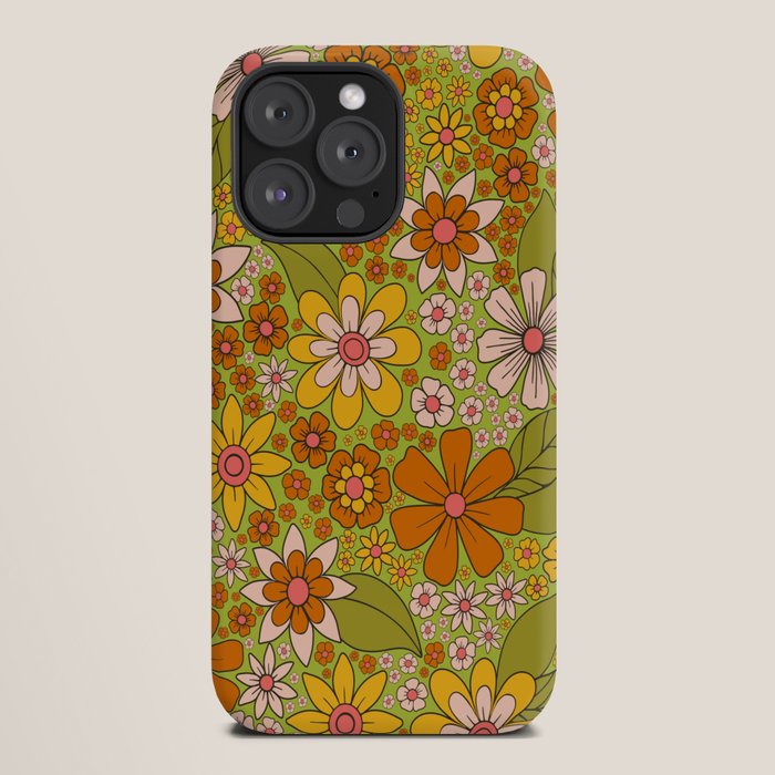 1960s, 1970s Retro Floral in Green, Pink & Orange - Flower Power iPhone Case