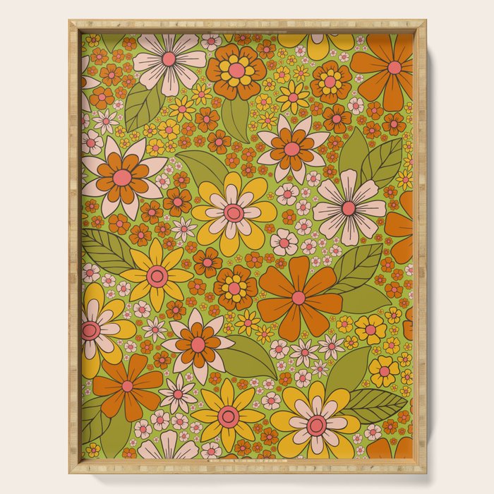 1960s, 1970s Retro Floral in Green, Pink & Orange - Flower Power Serving Tray