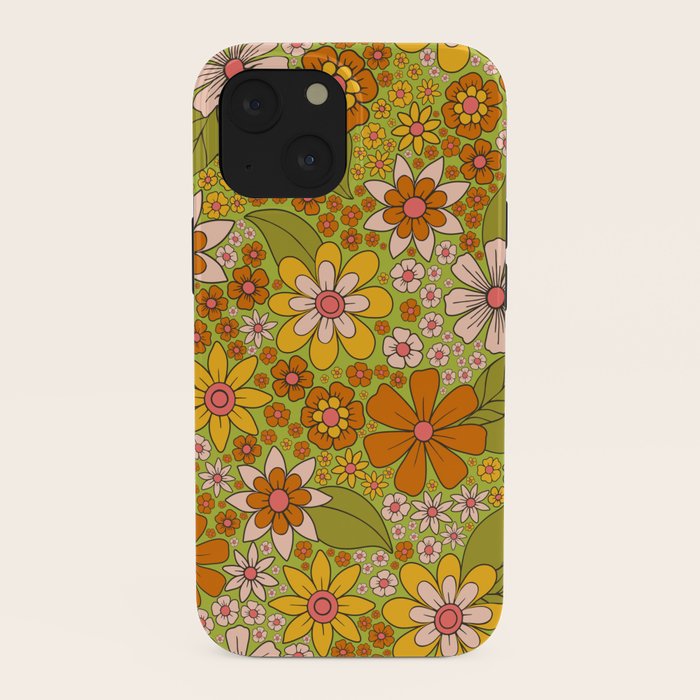 1960s, 1970s Retro Floral in Green, Pink & Orange - Flower Power iPhone Case