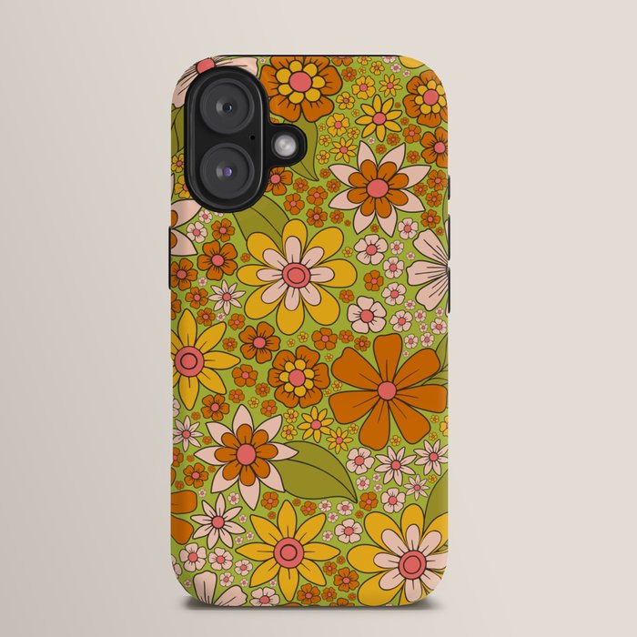 1960s, 1970s Retro Floral in Green, Pink & Orange - Flower Power iPhone Case
