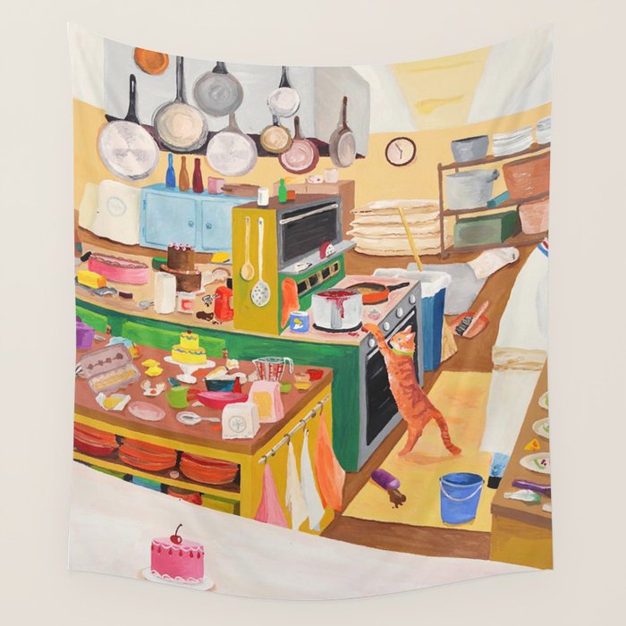 A Cat in the Kitchen Wall Tapestry