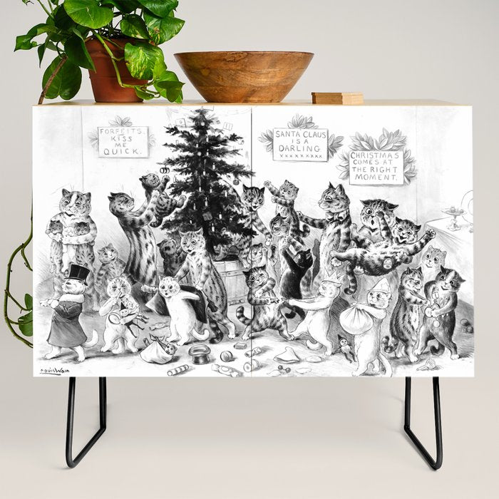 Cats Decorating The Christmas Tree' Vintage Cat Art by Louis Wain Credenza