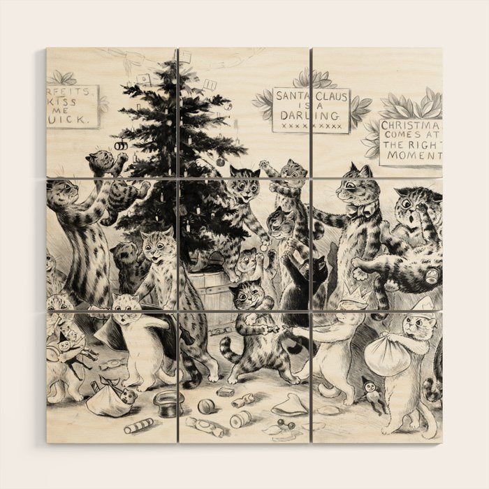 Cats Decorating The Christmas Tree' Vintage Cat Art by Louis Wain Wood Wall Art